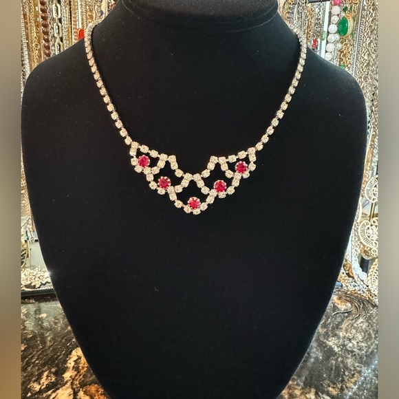 Unsigned stunning red‎ and clear crystal statement necklace - Picture 1 of 5